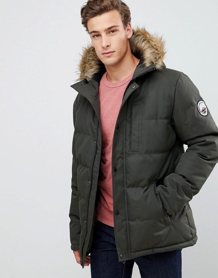 Threadbare Canada Parka Coat With Faux Fur Trim - Green