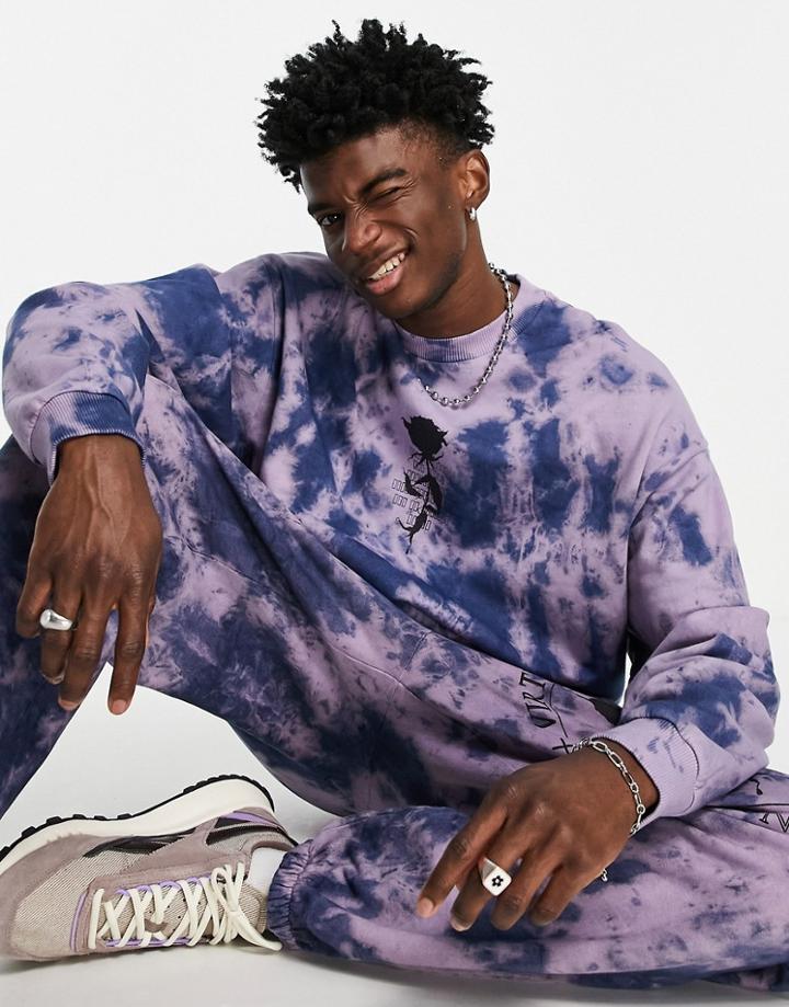 Asos Design Oversized Sweatshirt In Purple Tie Dye With Rose Print - Part Of A Set-green