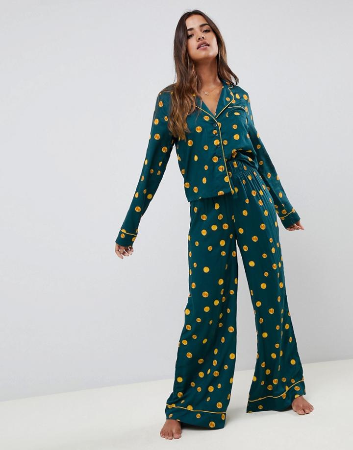 Asos Design Vintage Polka Wide Leg And Shirt Pyjama Set In 100% Modal-blue