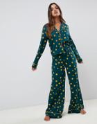 Asos Design Vintage Polka Wide Leg And Shirt Pyjama Set In 100% Modal-blue