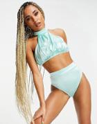 Asos Design High Waist Mirrored Satin Bikini Bottom In Mint-black