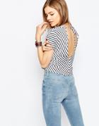 Noisy May Stripe Short Sleeve Top With Back Tie - White W Stripes