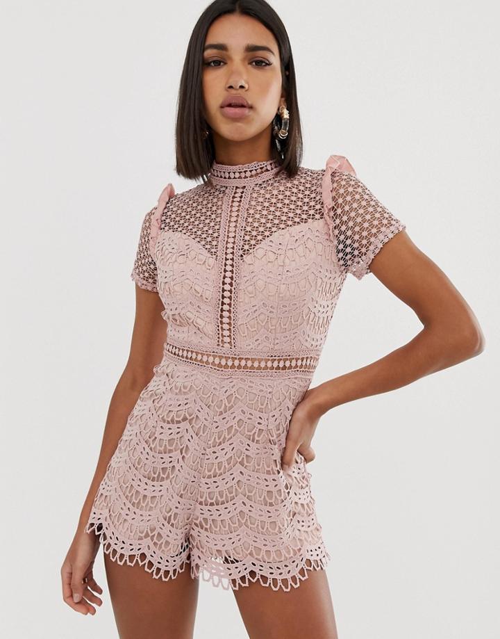 Love Triangle High Neck Cutwork Lace Romper In Pink - Pink