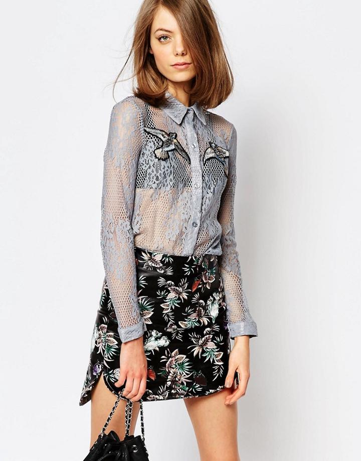 Sister Jane Lace Shirt With Bird Patches On Front - Gray