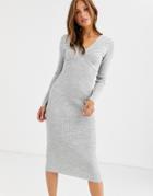 Asos Design Pleat Detail Knit Midi Dress With Deep V-gray