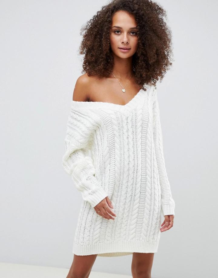 Asos Design Cable V Neck Mini Dress-cream