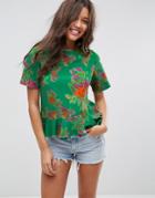 Asos T-shirt In Bright Floral Print With Ruffle Hem - Multi