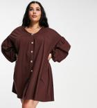 Asos Design Curve Button Through Mini Smock Dress With Long Sleeves In Chocolate Brown