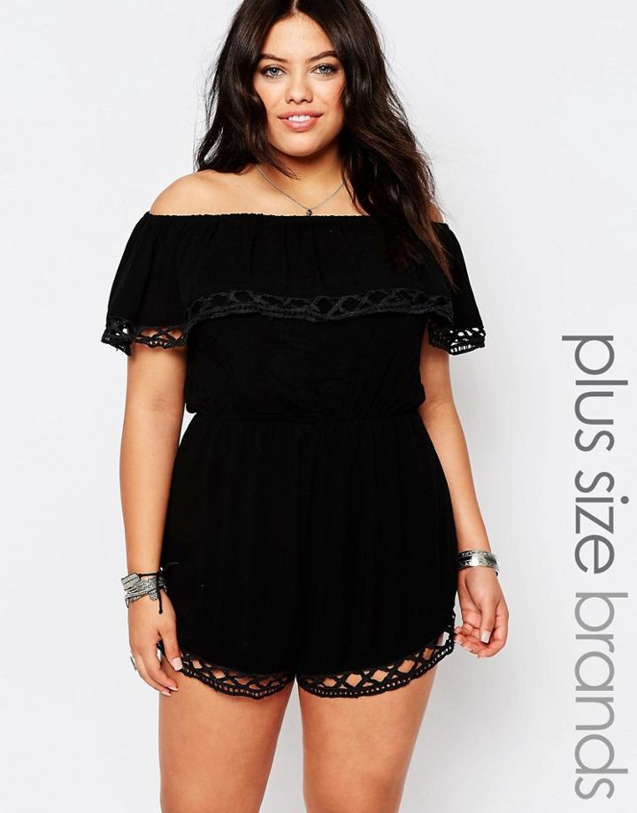 Missguided Plus Bardot Lace Trim Playsuit - Black