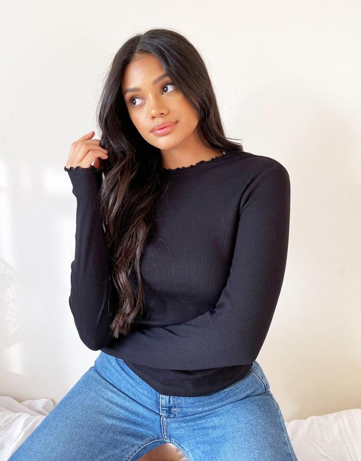 New Look Frill Neck Ribbed Top In Black