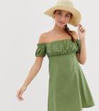 Asos Design Petite Off Shoulder Mini Sundress With Ruched Bust - Green