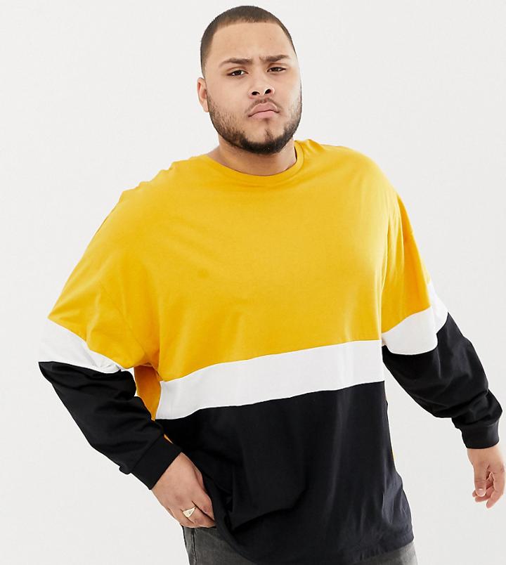 Asos Design Plus Oversized Longline Long Sleeve T-shirt With Color Block In Yellow - Yellow