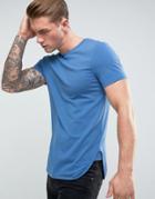 Asos Longline Muscle Fit T-shirt With Curved Bound Hem - Blue