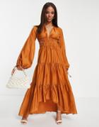 Asos Design Tiered Voile Maxi Dress With Ruched Strap Detail-yellow