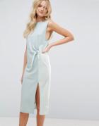Asos Sleeveless Color Block Midi Dress With Raw Edge & Tie Front - Green