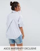 Asos Maternity Short Sleeve Shirt In Stripe With Pleat Back Detail - Blue