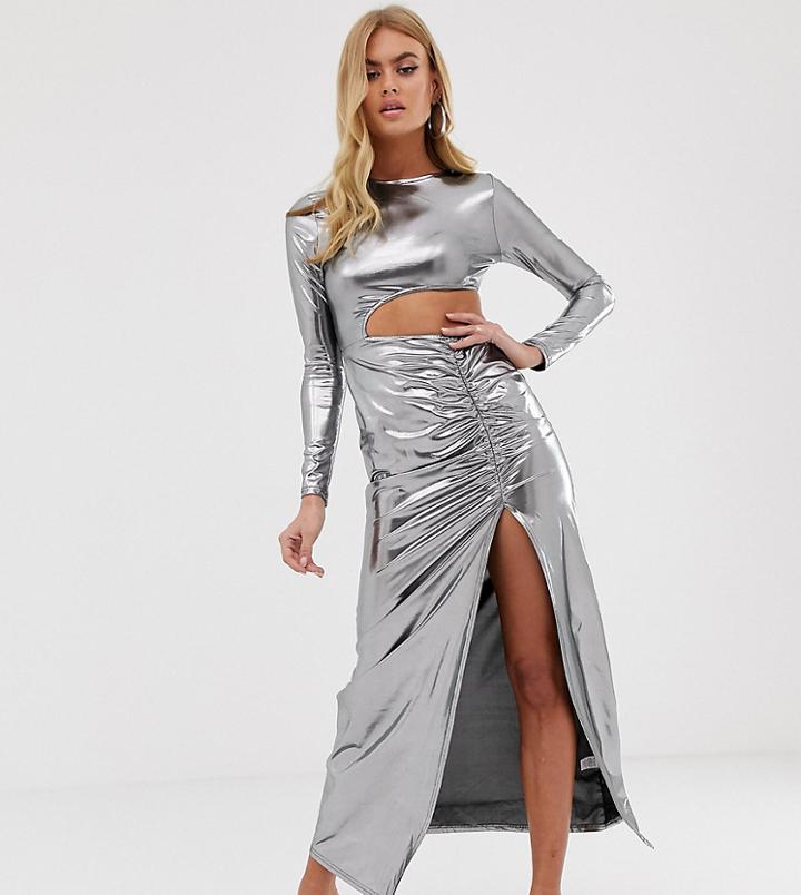 Fashionkilla Cutout Maxi Dress With Thigh Split Skirt Detail In Silver - Silver