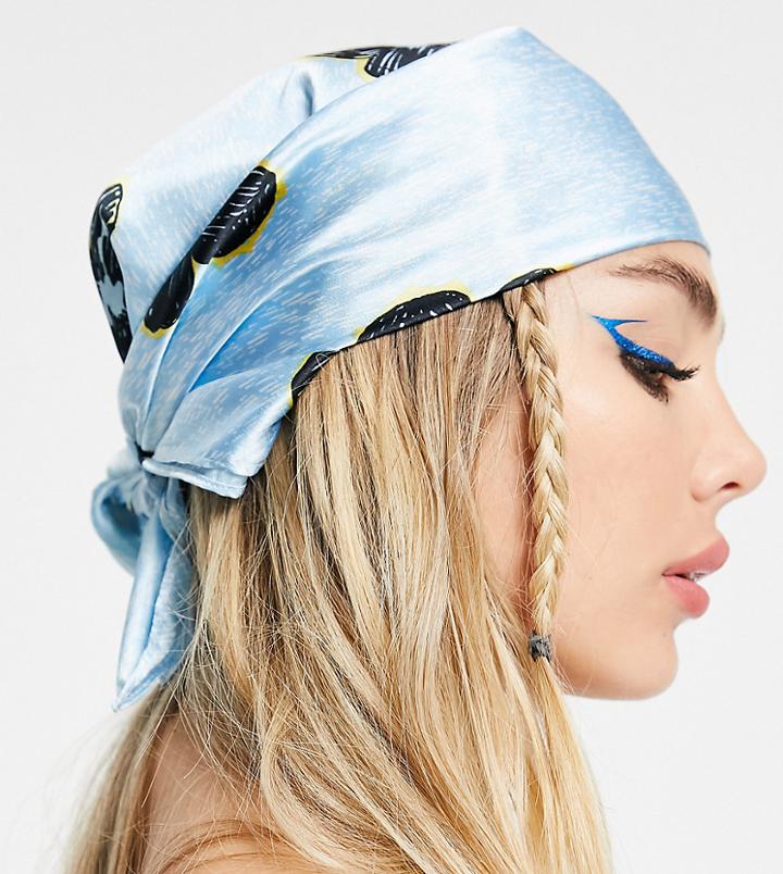 Collusion Satin Head Scarf In Blue Floral Print-blues