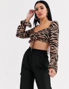 Tiger Mist Ruched Crop Top With Tie Front In Zebra Print