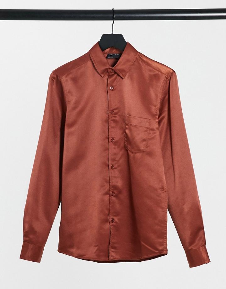 Asos Design Regular Fit Hammered Satin Shirt In Bronze-orange