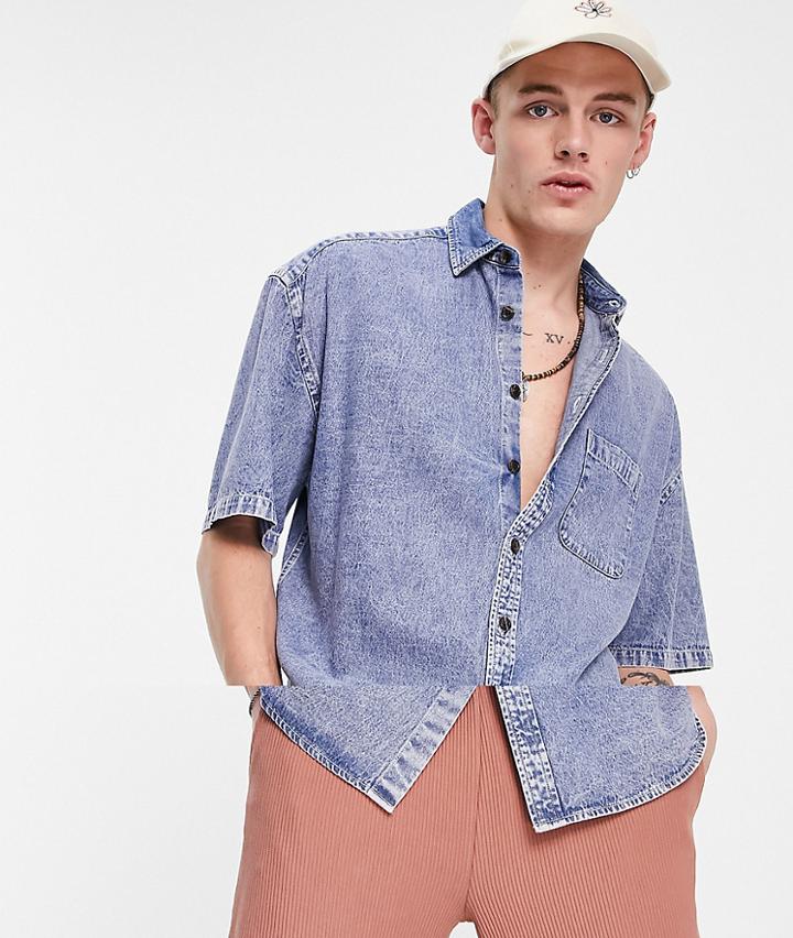 Asos Design Oversized Short Sleeve Denim Shirt In Acid Wash-blues