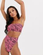 Asos Design Mix And Match Crinkle Bandeau Bikini Top In Pink Zebra Print-multi