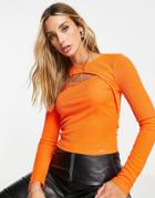 River Island Long Sleeve Cut Out Front Top In Orange-green