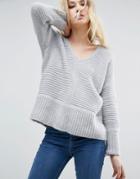 Asos Chunky Sweater In Fluffy Yarn With V Neck - Gray