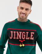 River Island Holidays Sweater With Jingle Bells In Green - Black
