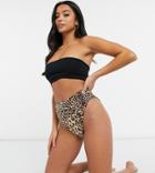 Asos Design Petite Mix And Match Ribbed High Leg High Waist Bikini Bottoms In Leopard Print-multi