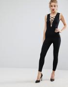 New Look Lattice Plunge Bodycon Jumpsuit - Black