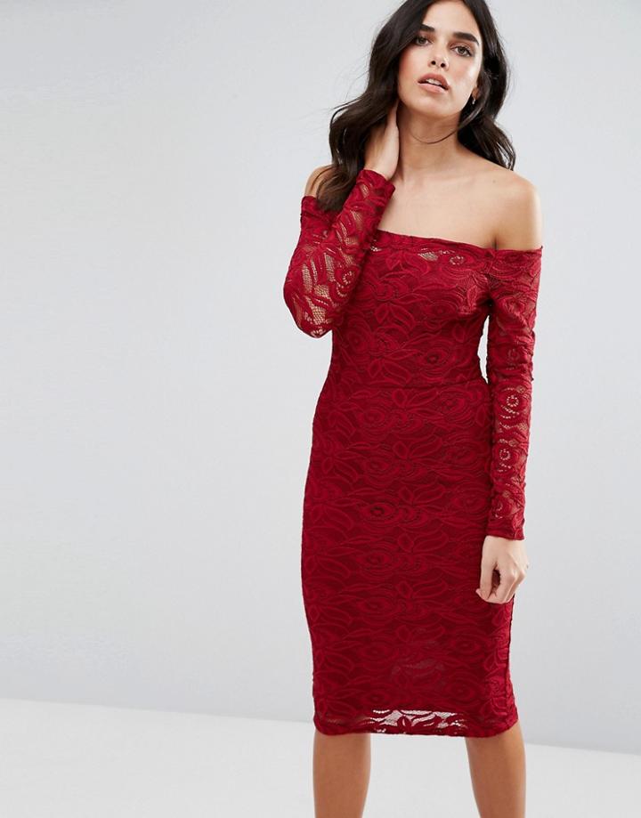 Ax Paris Midi Off Shoulder Long Sleeve Lace Dress - Red