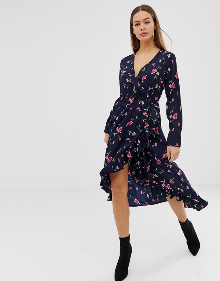 Boohoo Ruffle Wrap Midi Dress In Navy Floral - Multi
