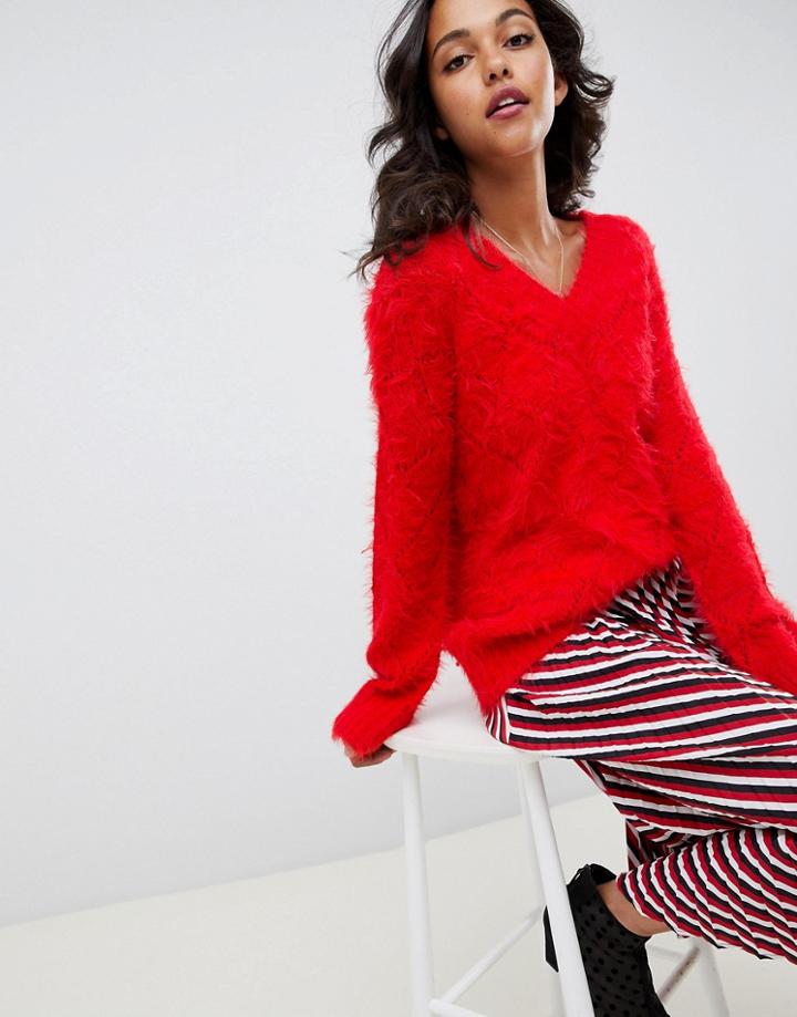 Asos Design Oversized Sweater In Fluffy Stitch-pink