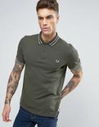 Fred Perry Slim Pique Polo Shirt Tramline Tipped In Green - Green