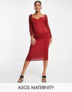 Asos Design Maternity Mesh Sleeve Ruched Midi Dress In Red