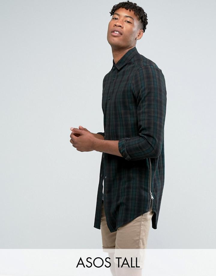 Asos Tall Regular Fit Check Shirt With Size Zips In Longline - Brown