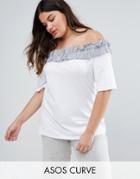 Asos Curve T-shirt With Stripe Ruffle Off Shoulder - Cream
