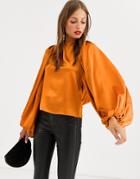 Asos Design Long Sleeve Satin Top With Cowl Back And Volume Sleeve