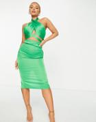 Naanaa Satin Cross-body Halter Neck Midi Dress In Green