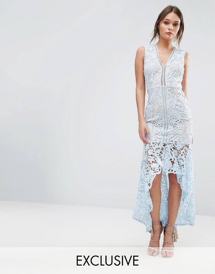 Love Triangle Lace Sleeveless Dress With Peplum Hem - Blue