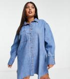 Asos Design Curve Denim Oversized Shirt Dress In Midwash-blues