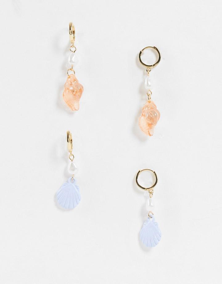 Asos Design 2-pack Hoop Earrings With Plastic Shell Charms In Gold Tone