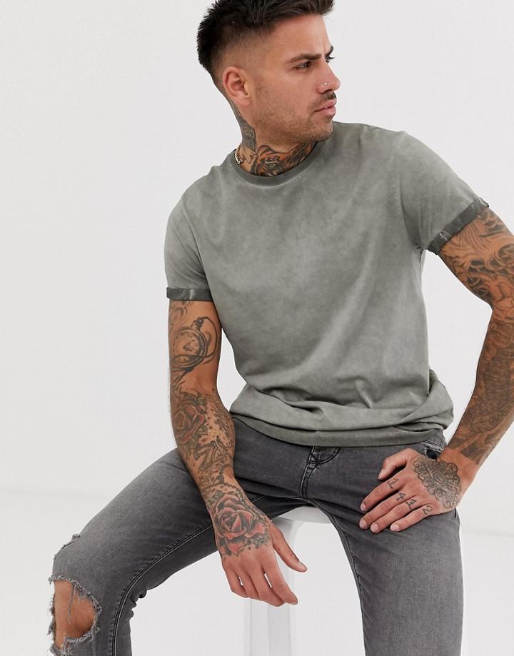 Asos Design T-shirt With Roll Sleeve In Pigment Wash In Khaki-green