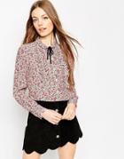 Asos Ruffle Front Blouse In Ditsy Print With Contrast Tie - Multi