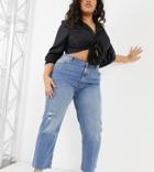 Asos Design Curve High Rise Stretch 'effortless' Crop Kick Flare Jeans In Midwash With Thigh Rip-blues