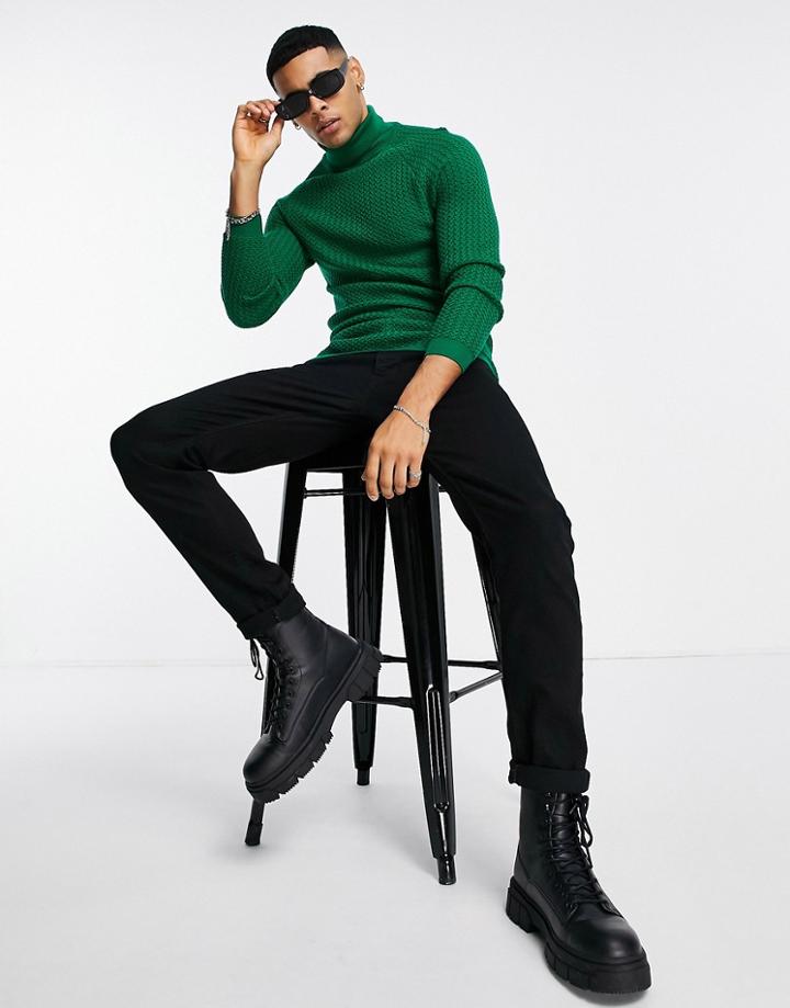 Asos Design Muscle Fit Textured Knit Roll Neck Sweater In Green