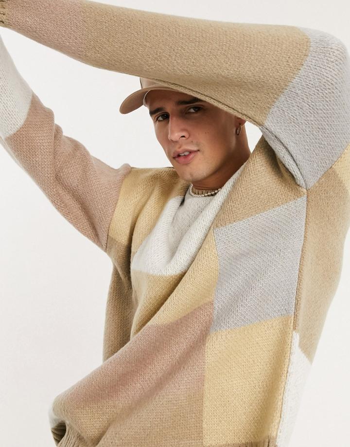 Asos Design Oversized Textured Sweater With Neutral Check Design-blue
