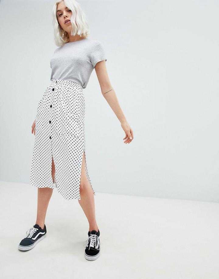 Pull & Bear Button Detail Midi Skirt In Polka Dot - Multi