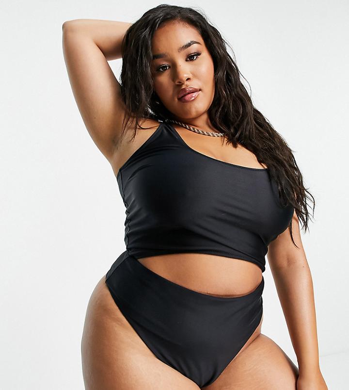 We Are We Wear Plus Mix & Match Recycled Scoop Neck Longline Bikini Top In Black-pink